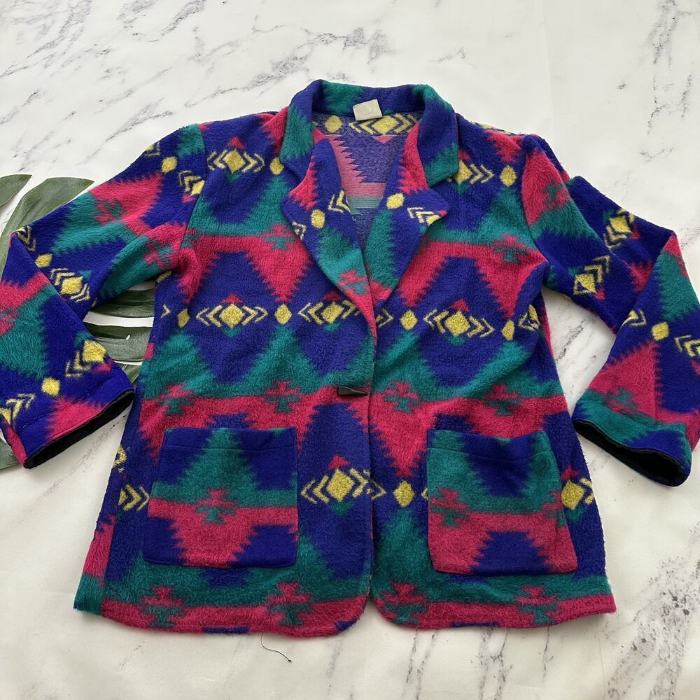 David Wayne Womens Vintage 90s Southwest Print Fleece Blazer Jacket Size XL